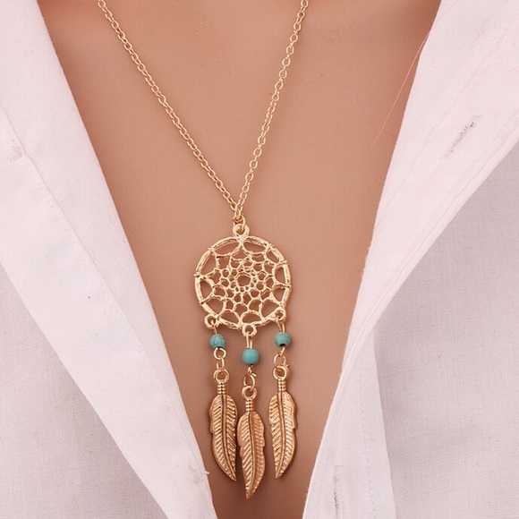 Dreamcatcher Gold Feather Turquoise Charm Necklace - Picture 2 of 5